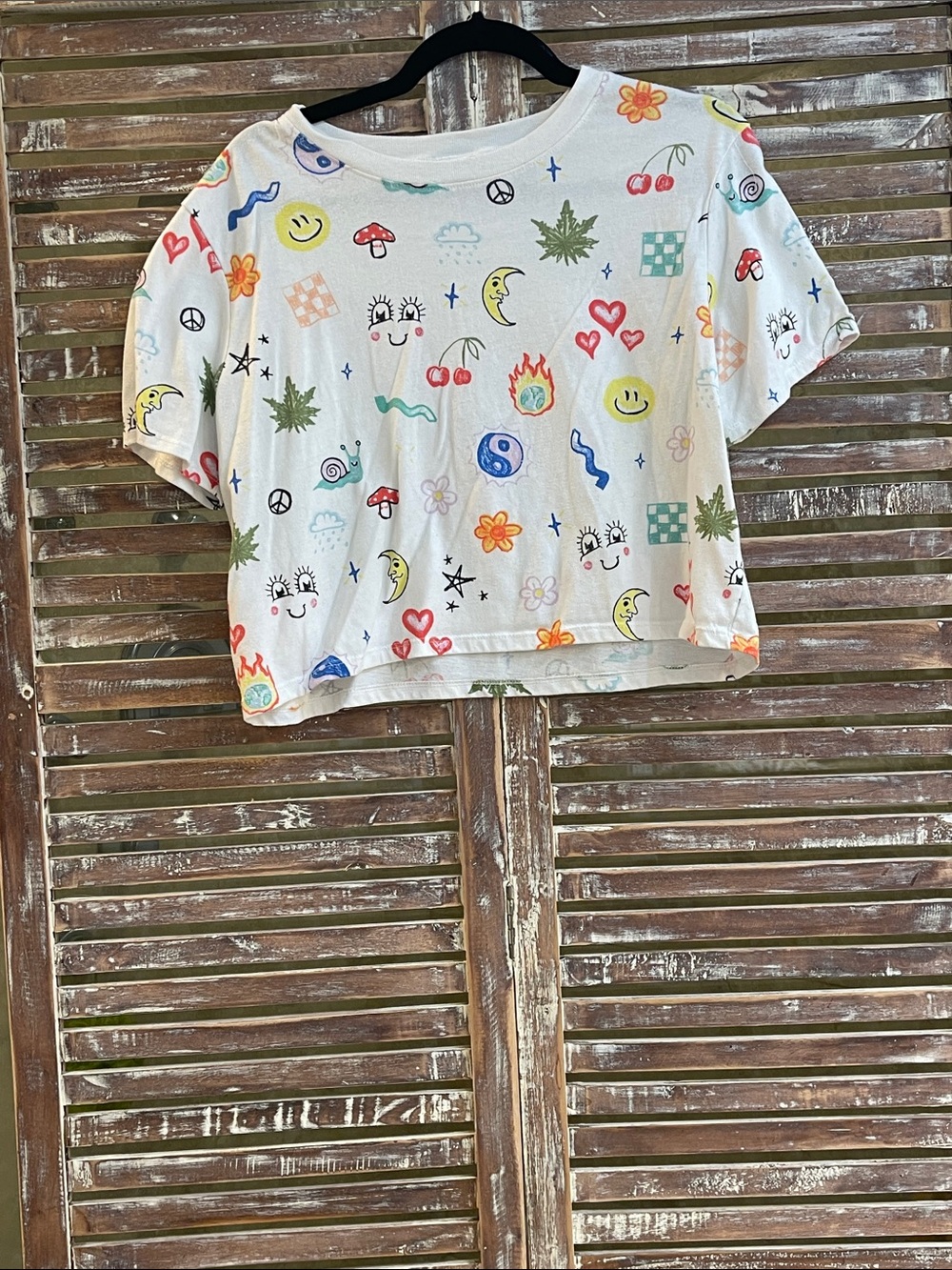 Large Fun peace White Graphic Cropped T-Shirt with Colorful Icons by alab